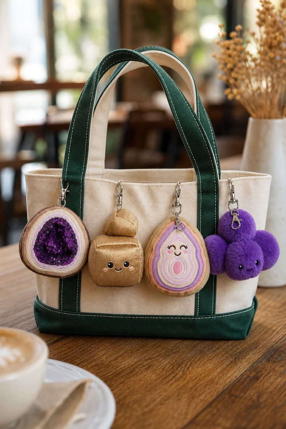 Violet, Sparky, Archie and Boba bag charms clipped along a canvas tote bag