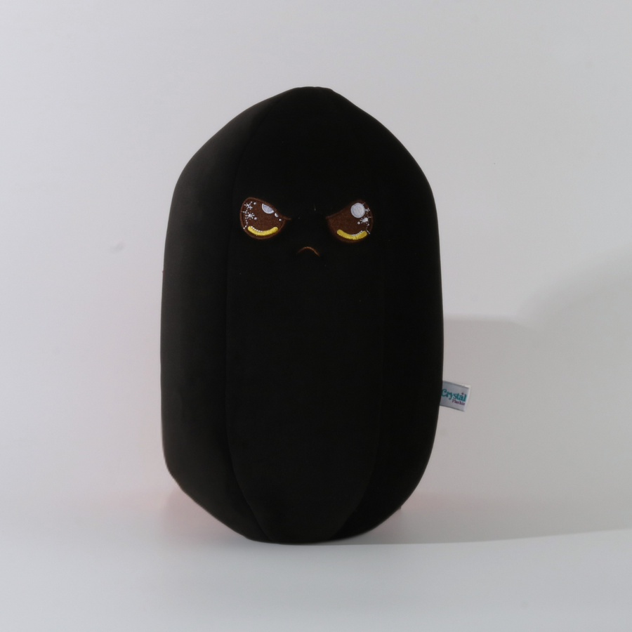 Obie the Obsidian, a black 14 inch Crystal Plushie with a grumpy face