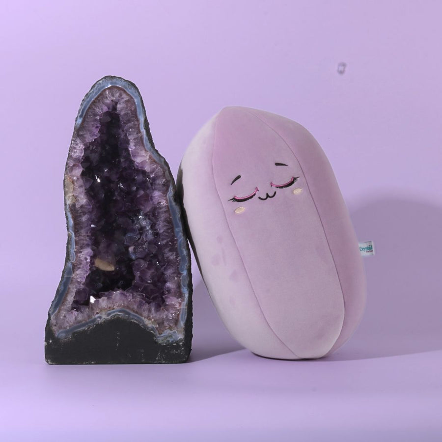 Amy the Amethyst, a lilac 14 inch Crystal Plushie with sleepy eyes