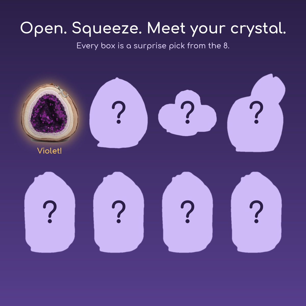 Crystal Plushie blind box bag charms: 8 mystery silhouettes with Violet revealed