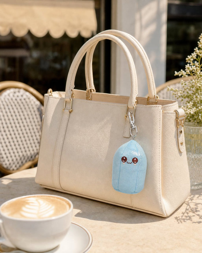 Baby Callie bag charm clipped to a cream handbag on a cafe table
