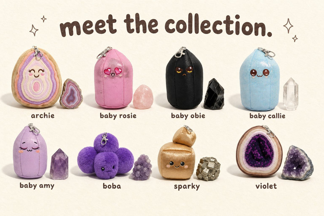 All 8 Crystal Plushie bag charms, each beside the crystal it is based on