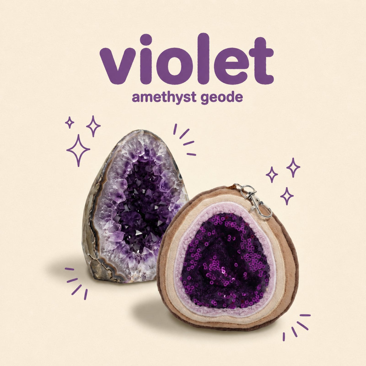 Violet the amethyst geode bag charm beside a real amethyst geode
