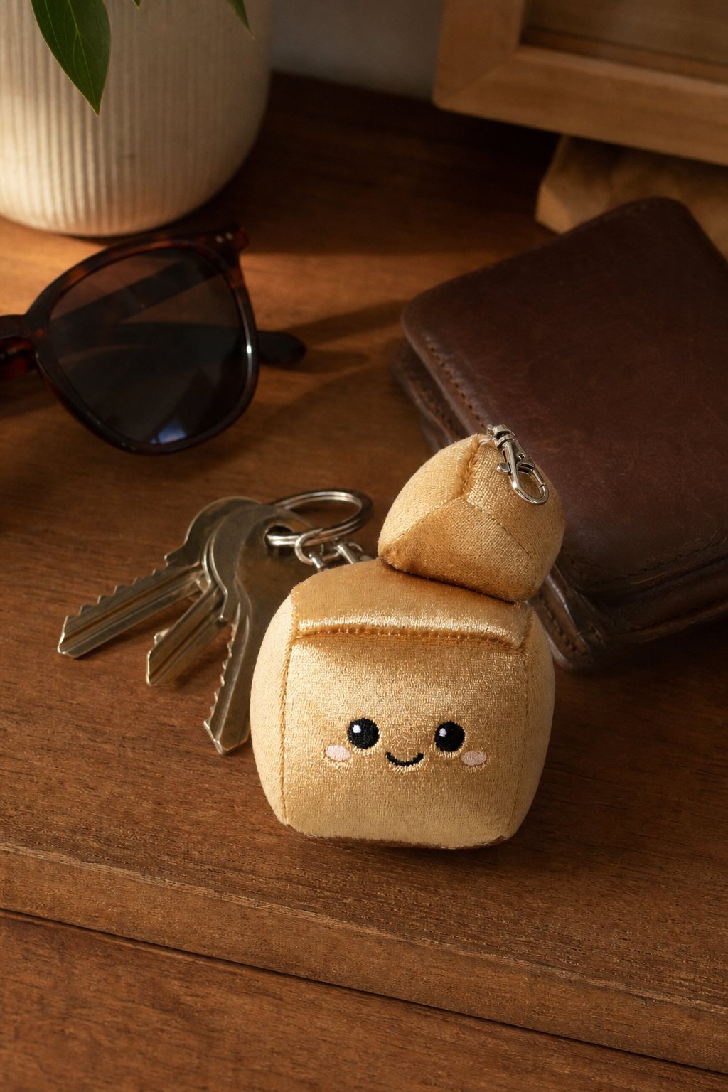 Sparky the pyrite bag charm clipped to a set of keys next to a wallet
