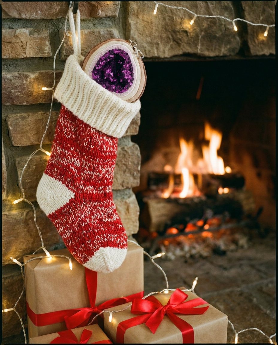 Violet bag charm in a red holiday stocking beside wrapped gifts