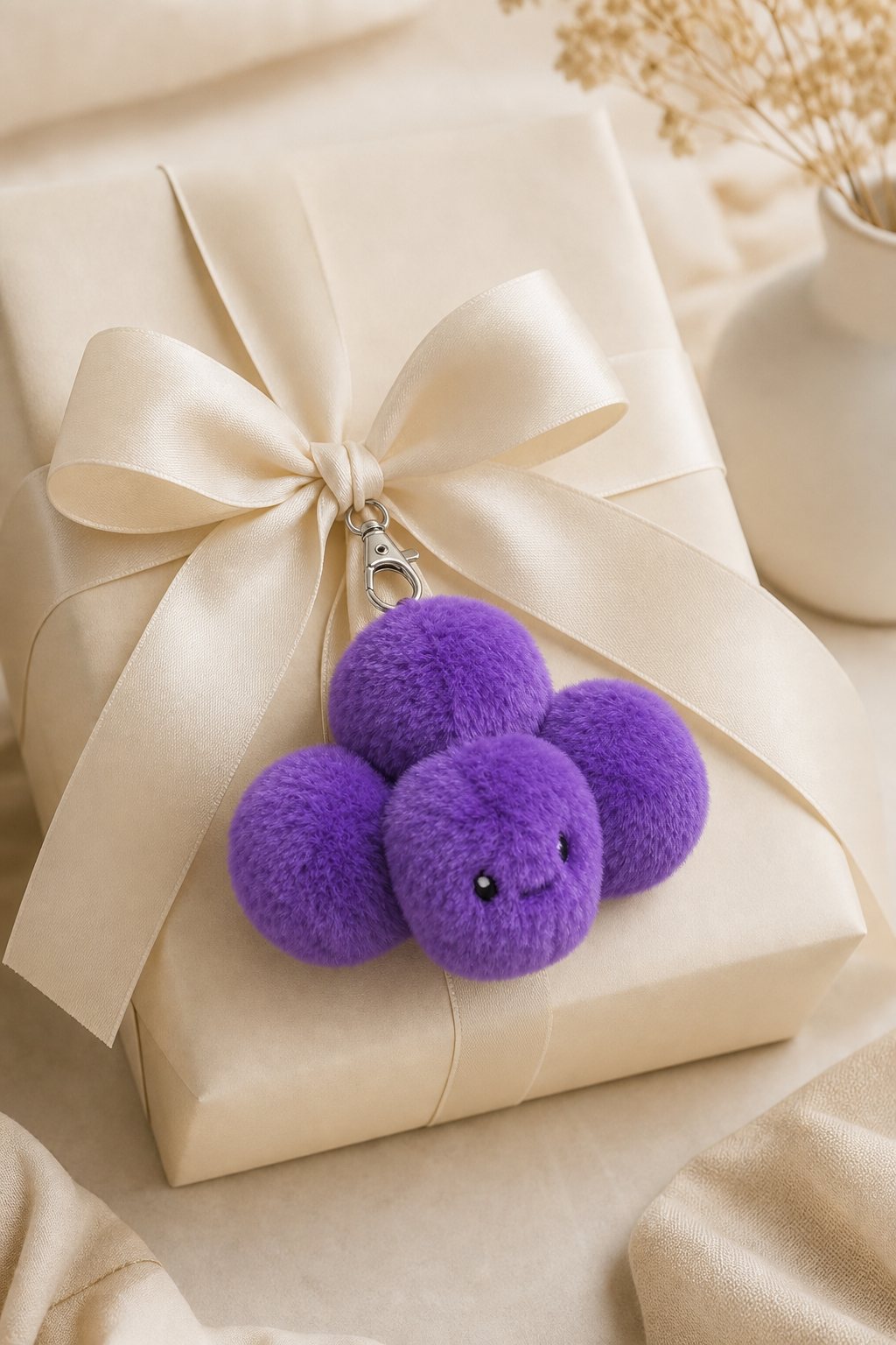 Boba the grape agate bag charm clipped to a gift wrapped with a satin ribbon